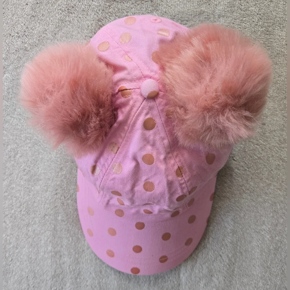 Disney Minnie Mouse Pink Polka Dot Fuzzy Pom-Pom Ears Baseball Cap, OS